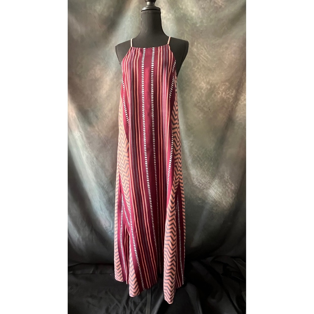 Lakra Maxi Dress S/M Sleeveless Striped Chevron‎ Burgundy Casual Resort